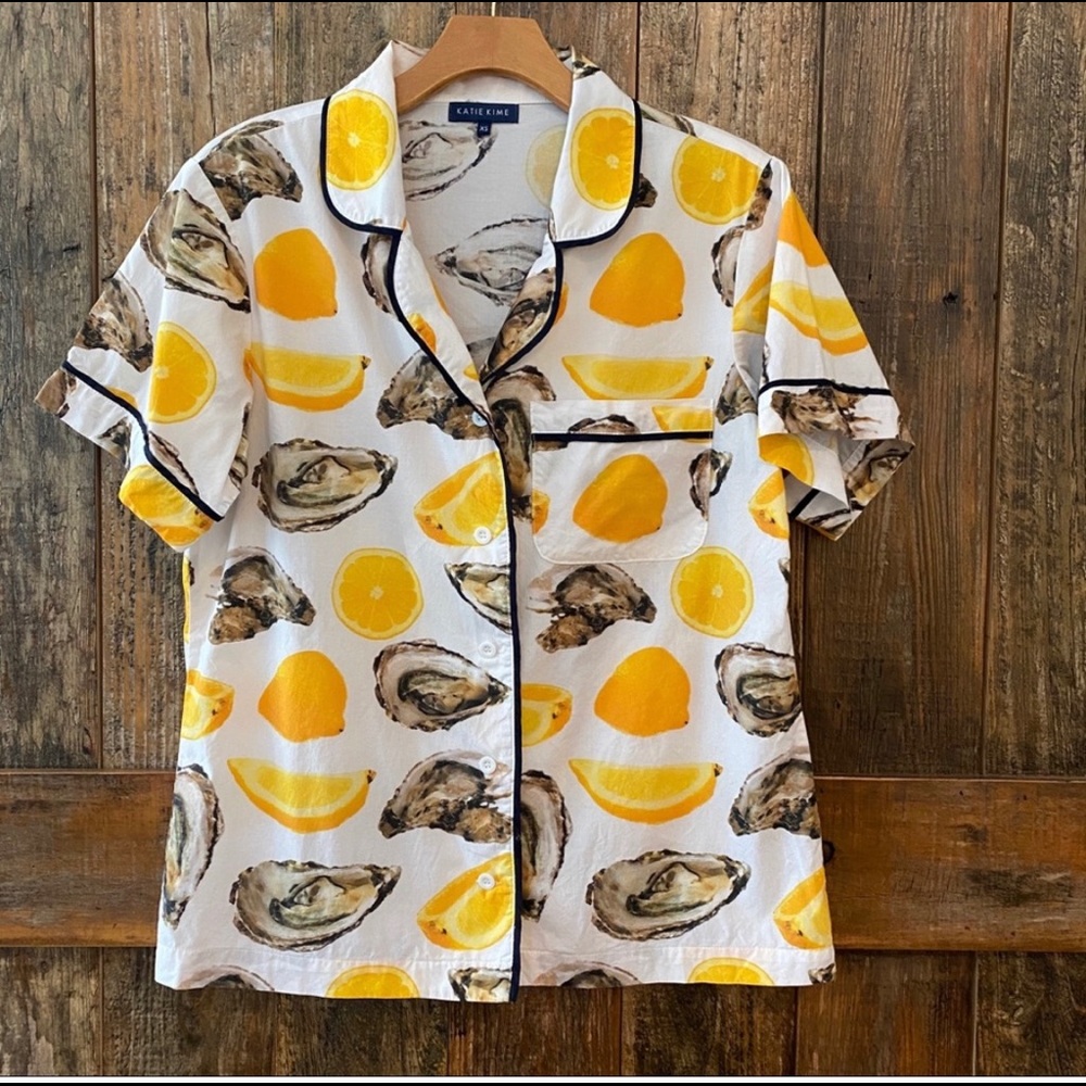 Katie Kime Pajama Shirt XS classic oyster preppy